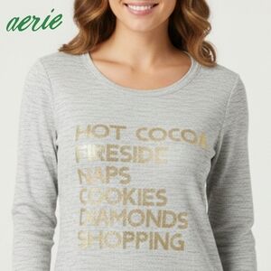 Sz M Aerie Women Waffle Knit Sleep Shirt Heathered Grey Thermal Gold Foil Print